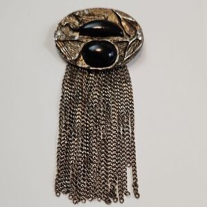 Vintage Brutalist Waterfall Tassel Brooch Gold Tone Black Glass Rhinestones